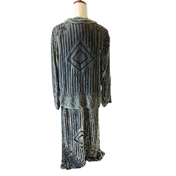 Citron Santa Monica Green Burnout Velvet Dress Topper Jacket Set Geometric Silk - Picture 5 of 16